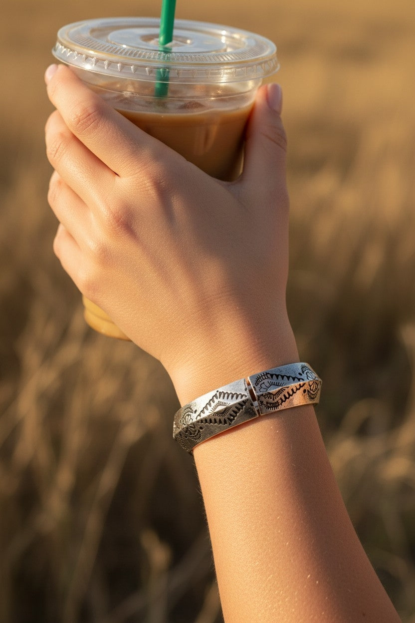 Canyon Line Stretch Bracelet Engraved Western Silver Panel Cuff