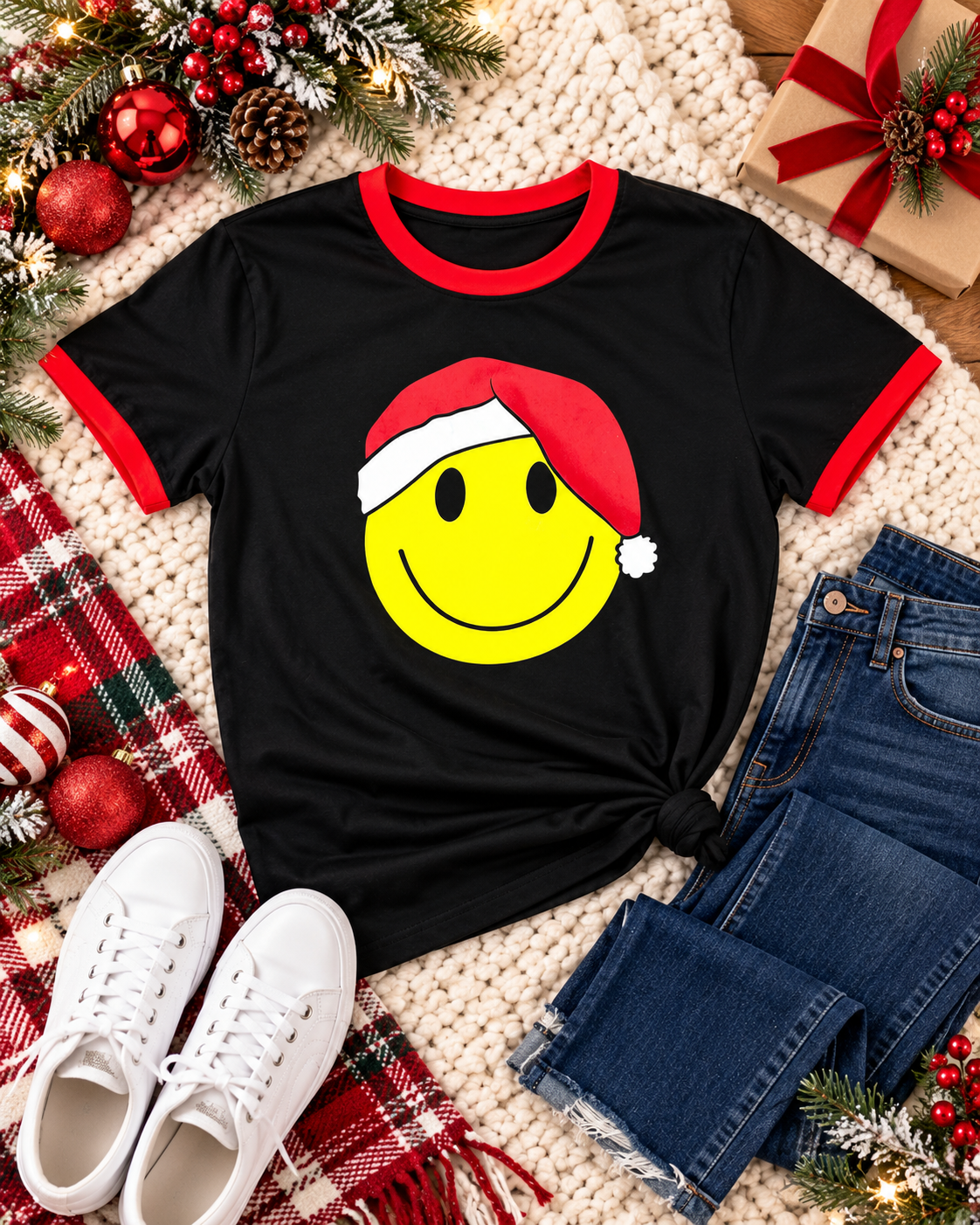 A black ringer t-shirt with red trim and a yellow smiley face wearing a red Santa hat, styled in a flat lay with blue jeans, white sneakers, a plaid scarf, and Christmas decorations on a beige knit blanket.