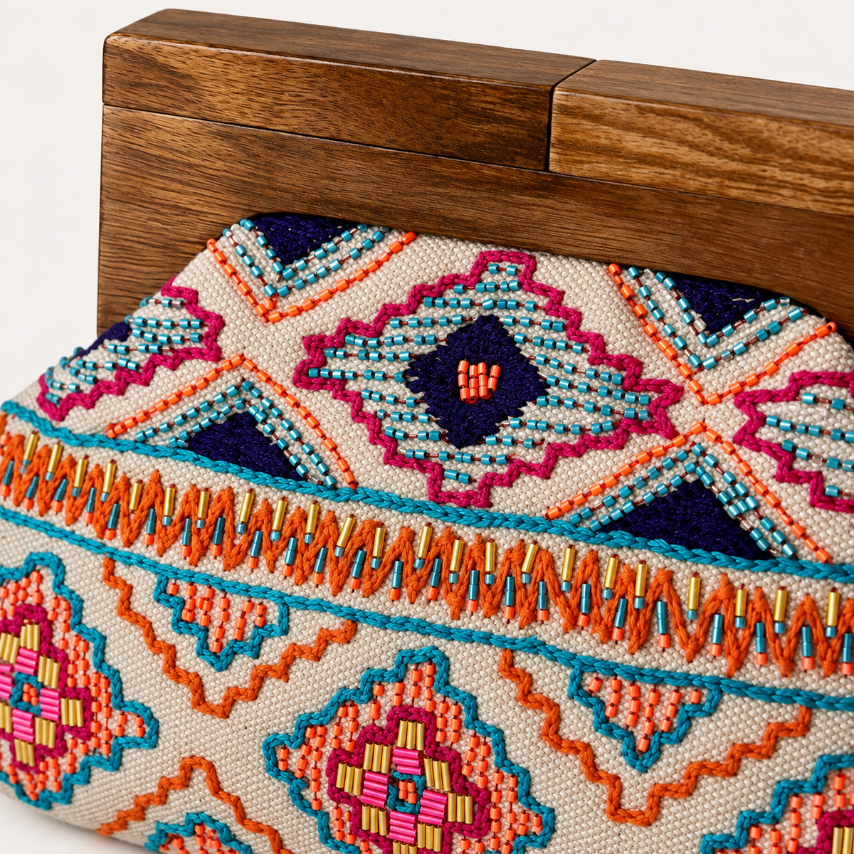 Fiesta Bloom Beaded Clutch | Wooden Handle