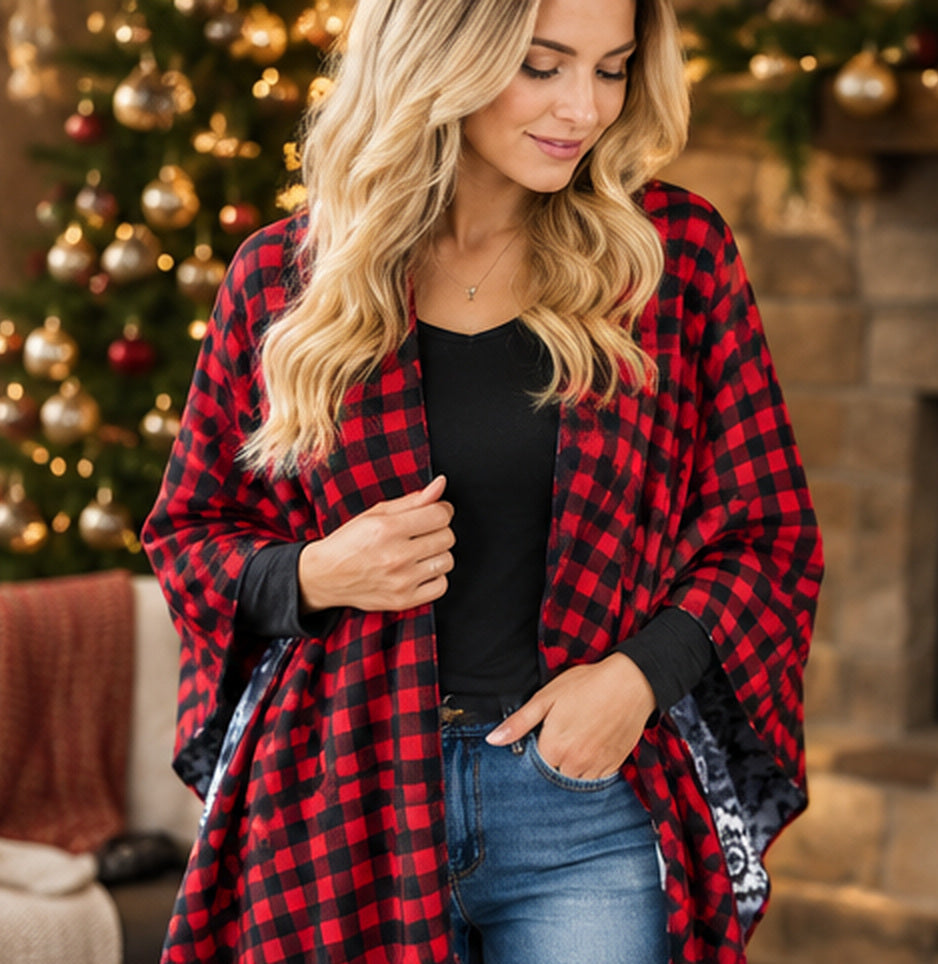 Red Buffalo Plaid & Southwestern Reversible Shawl | One Size