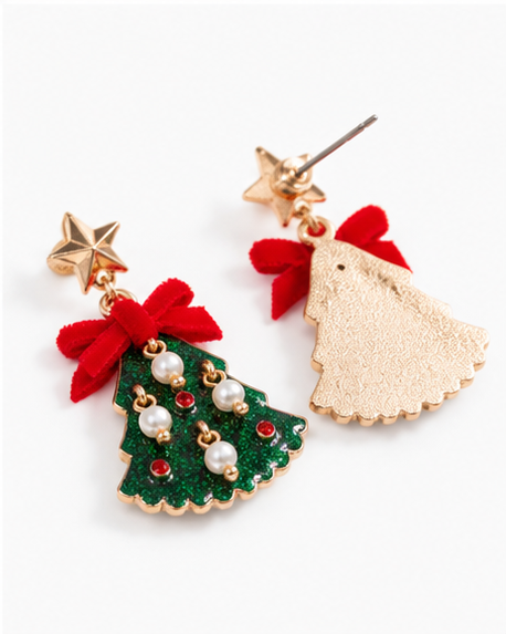 Glittered Christmas Tree Dangle Earrings with Velvet Bows | Green & White