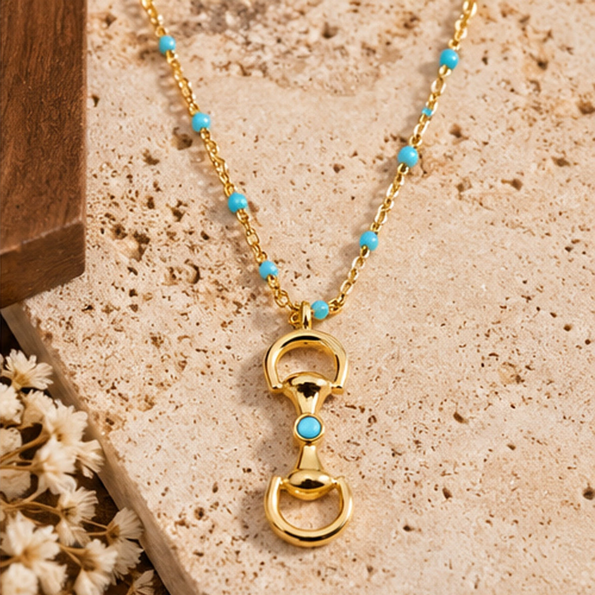 18K Gold-Dipped Equestrian Horsebit Turquoise Beaded Necklace
