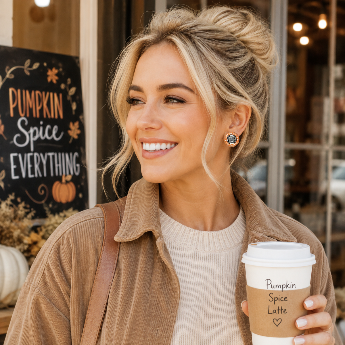 Emma wearing Pumpkin Spice Witches stud earrings during a fall coffee run with a cozy neutral outfit.