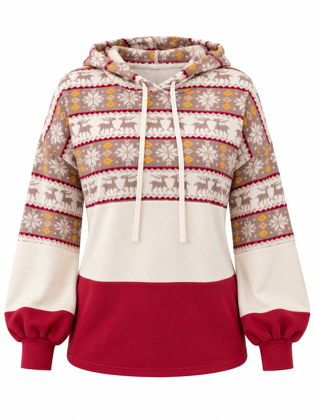 A women's holiday-themed colorblock hoodie with a beige and cream Nordic pattern on the upper body, solid cream sleeves and hood, and a deep red lower body and cuffs.