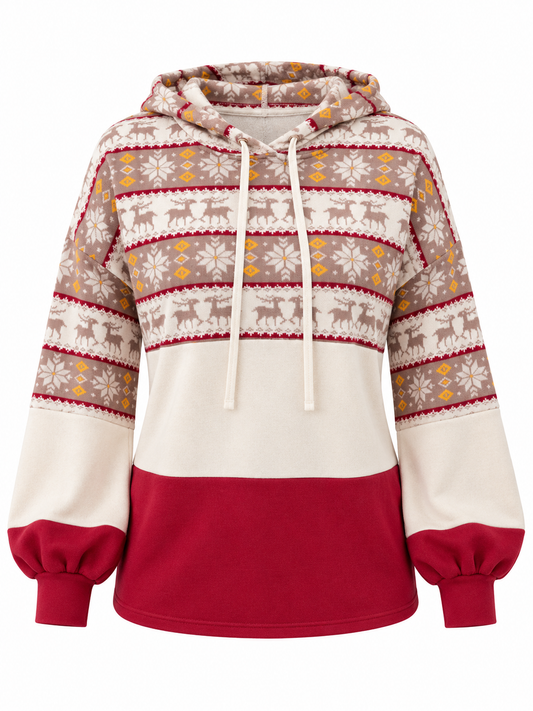 A women's holiday-themed colorblock hoodie with a beige and cream Nordic pattern on the upper body, solid cream sleeves and hood, and a deep red lower body and cuffs.