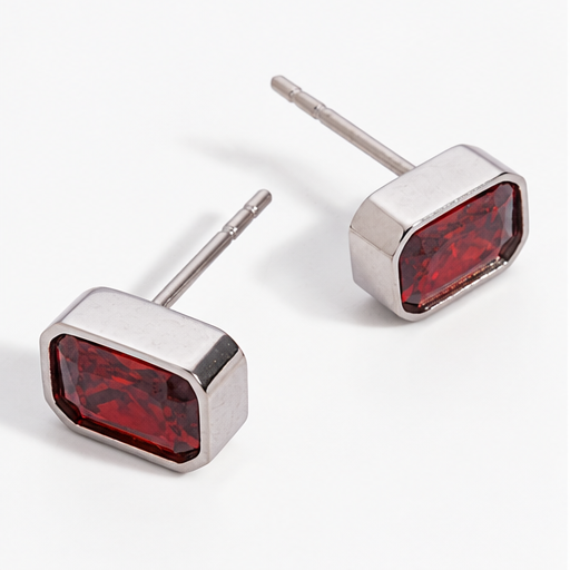 January Emerald-Cut Birthstone Stud Earrings – Garnet Red