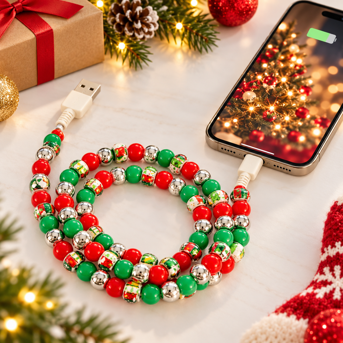 Merry & Bright Beaded 4-in-1 Fast Charging Cable – Holiday Stocking Stuffer