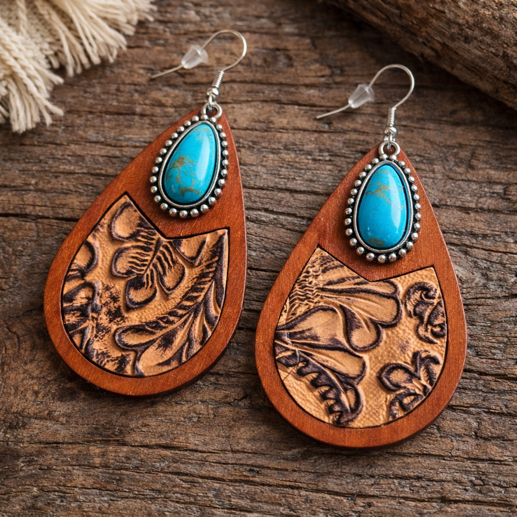 Saddle Ridge Faux Turquoise Wood Teardrop Earrings – Tooled Leather Western Style