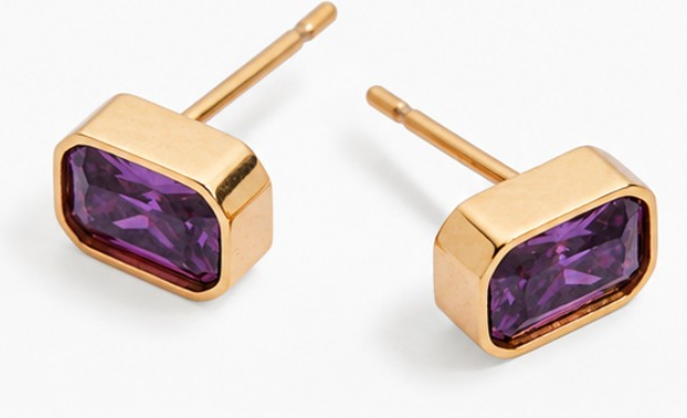 February Emerald-Cut Amethyst Glass Birthstone Stud Earrings