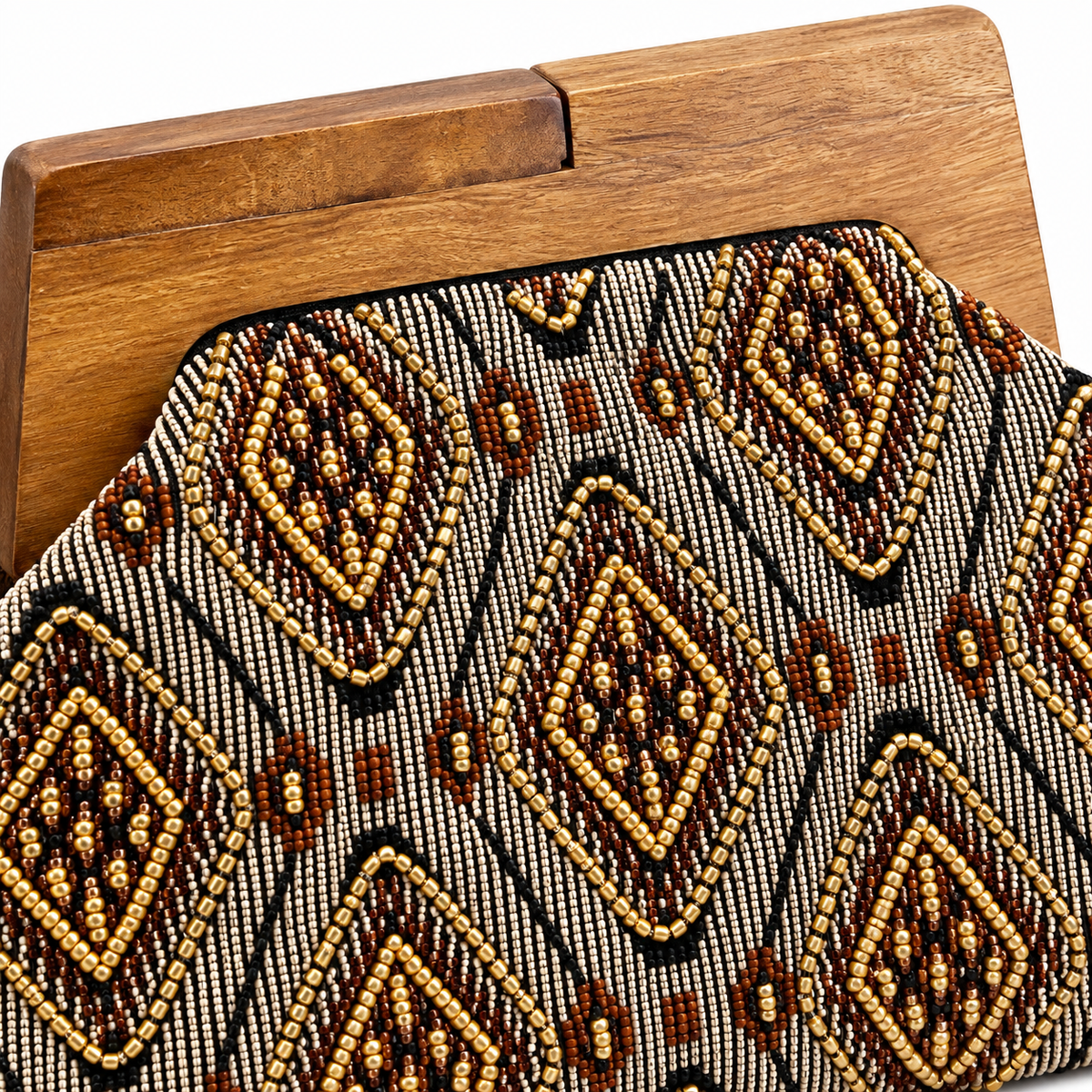 Beaded Black Gold Clutch with Wooden Handle