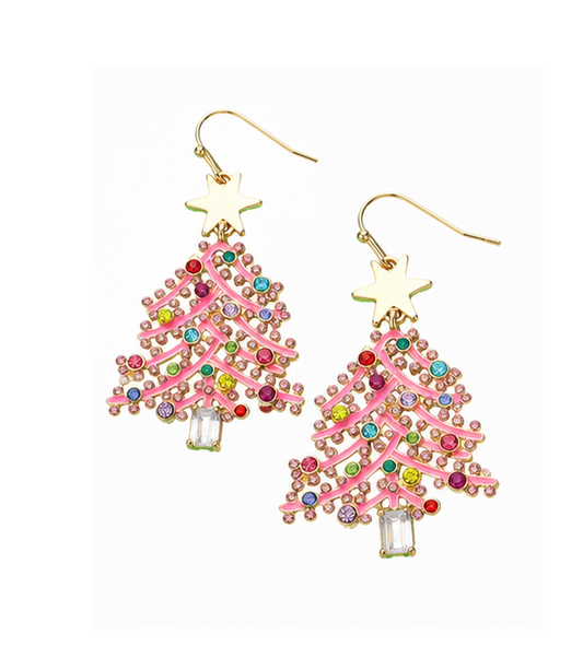 Pink Christmas Tree Rhinestone Dangle Earrings | Multicolor Sparkle