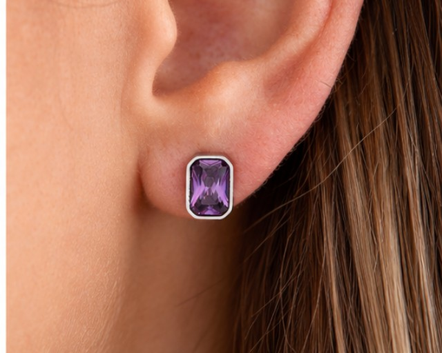 February Emerald-Cut Amethyst Glass Birthstone Stud Earrings