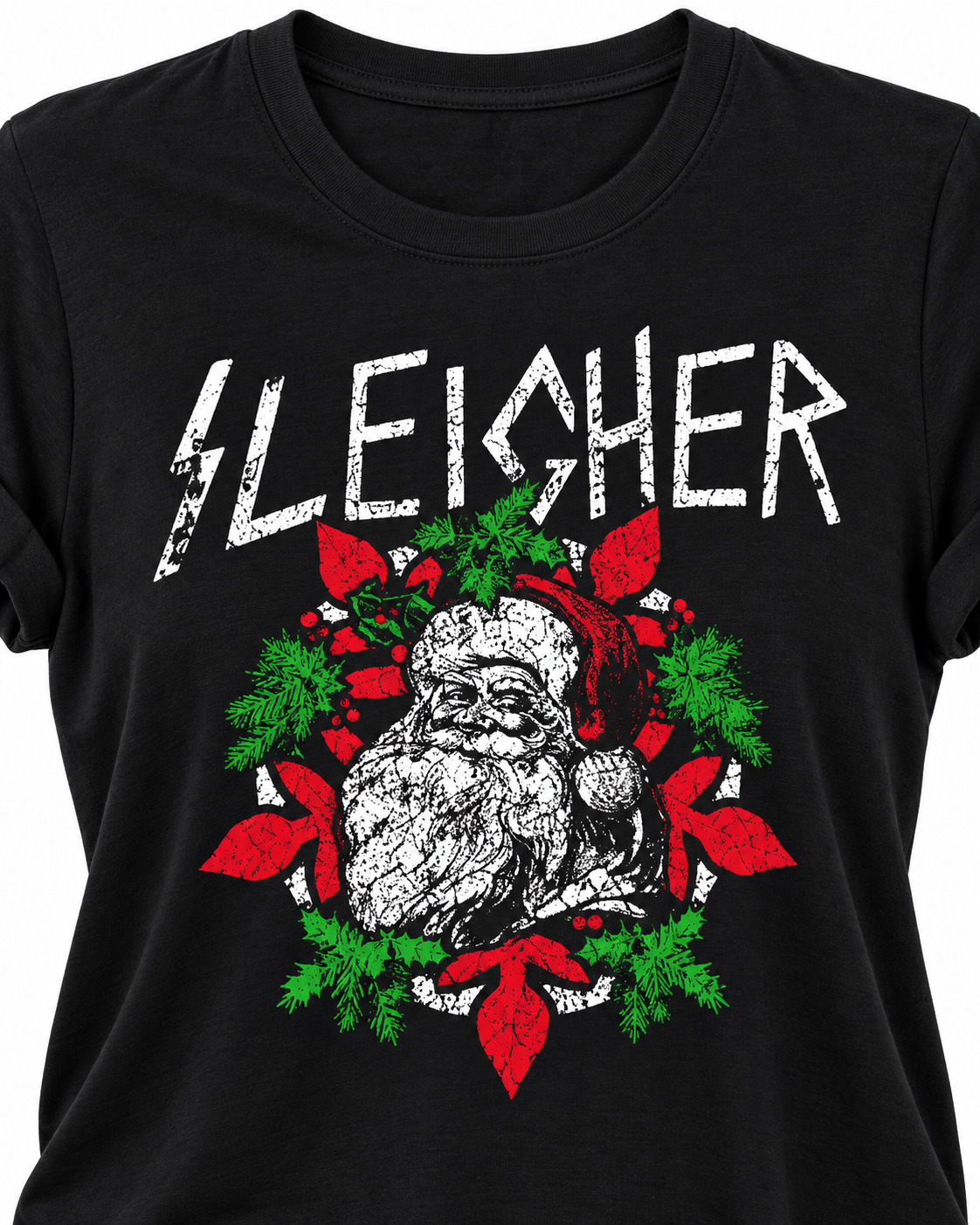 A black short-sleeve crewneck t-shirt featuring a graphic print of a vintage-style Santa Claus surrounded by a red and green holiday wreath, with the word 'SLEISHER' printed in distressed white letters above.