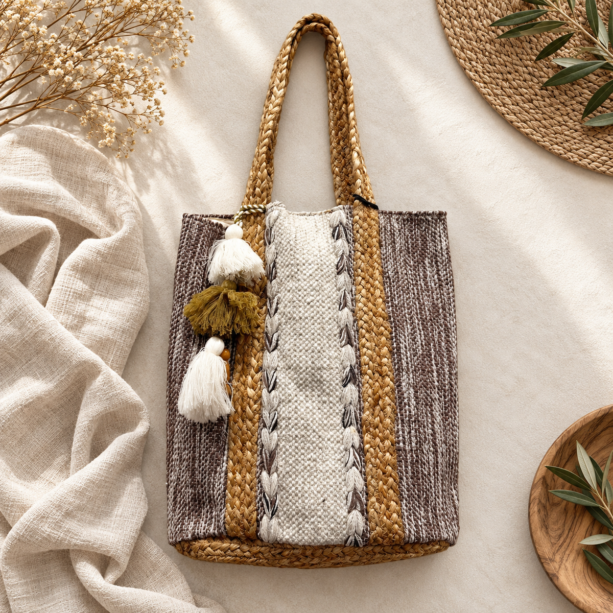 Saddle & Sand Woven Tote | Braided Handle Carryall