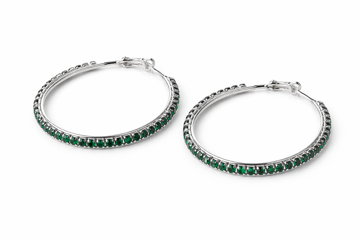 Emerald Glow Rhinestone Hoop Earrings