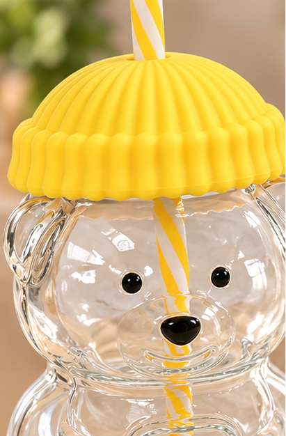 Teddy Bear Glass Cup with Straw | Cute Bear Shaped Drinkware