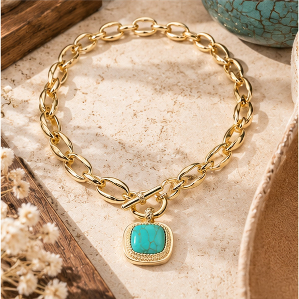 Gold-Plated Faux Turquoise Square Pendant Toggle Necklace