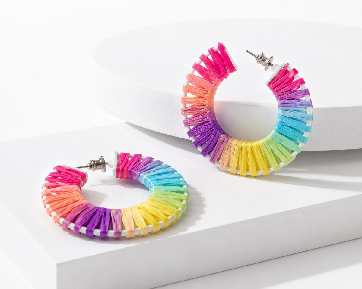 Cotton Candy Rainbow Raffia Hoop Earrings