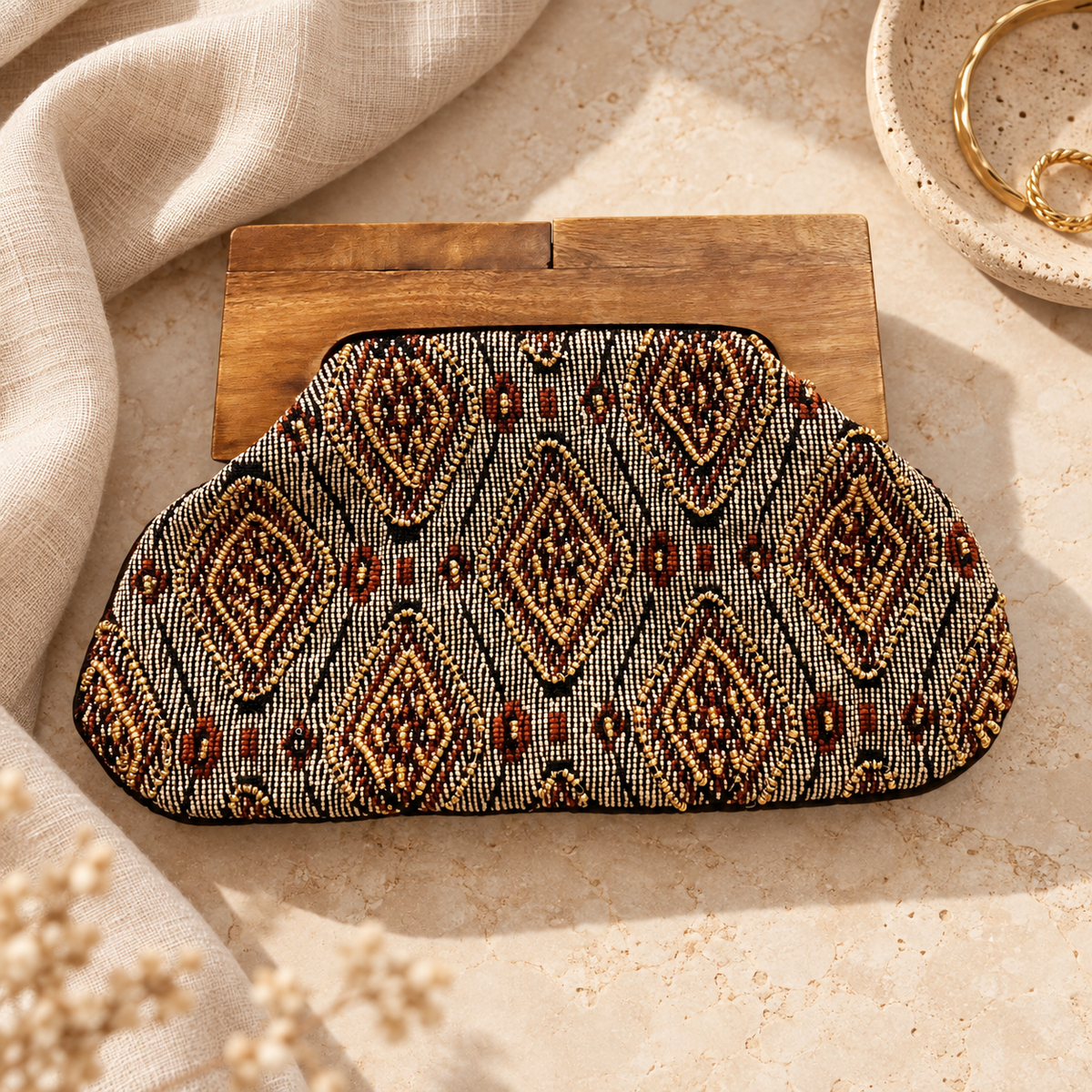 Beaded Black Gold Clutch with Wooden Handle
