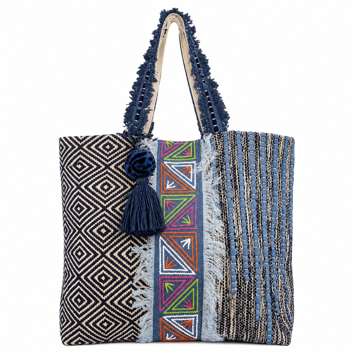 Boho Coastal Patchwork Tote – Textured Tribal Carryall