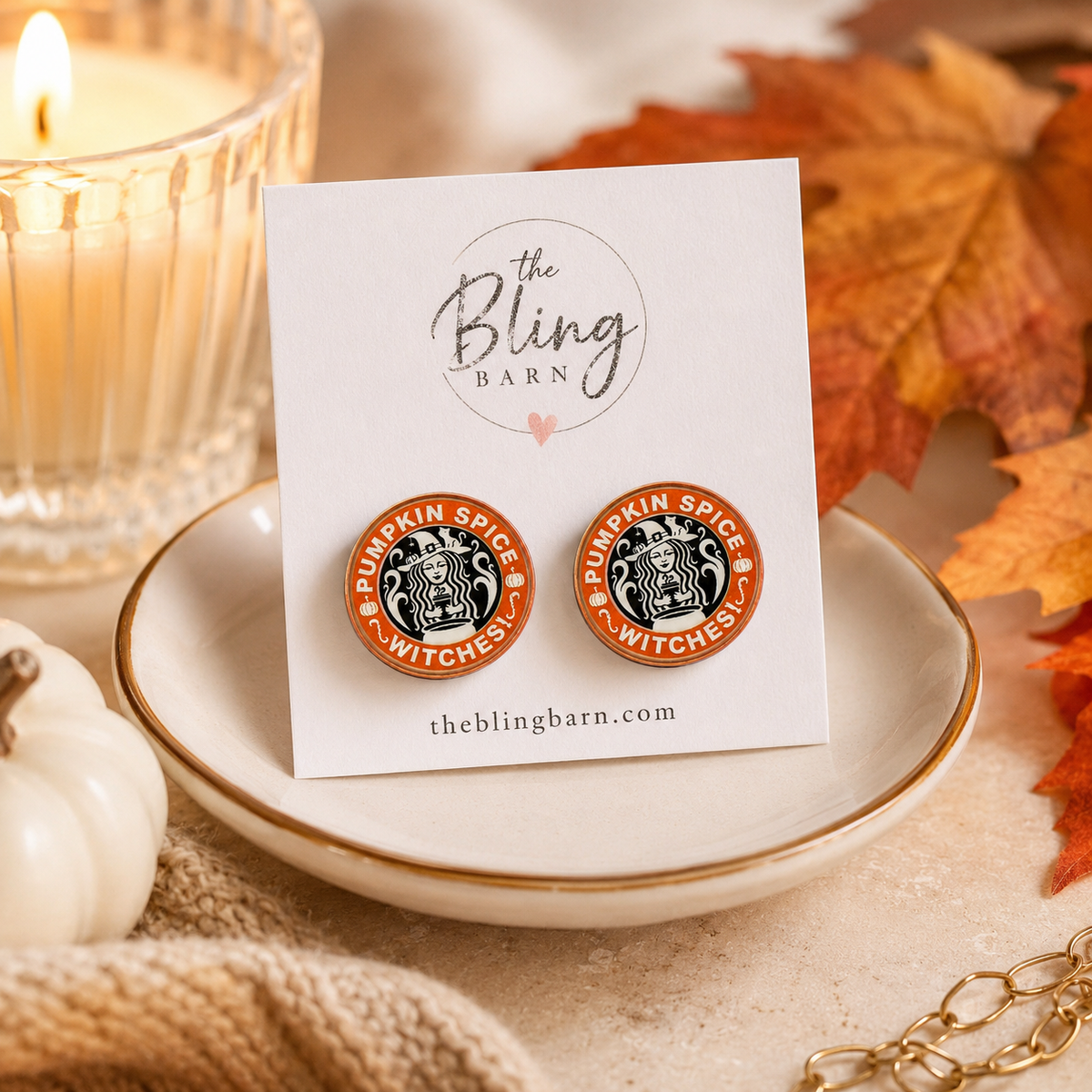 Pumpkin Spice Witches stud earrings displayed on a Bling Barn jewelry card with warm fall styling.
