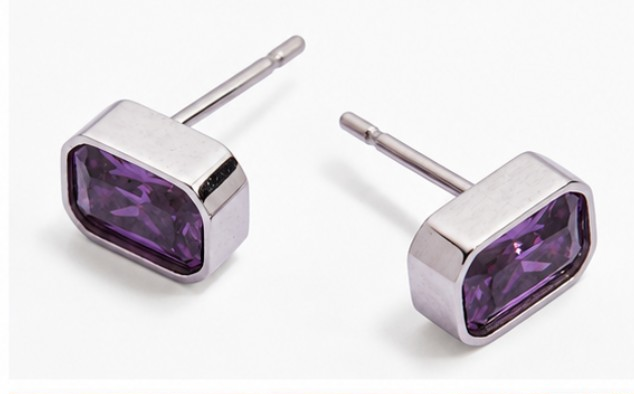 February Emerald-Cut Amethyst Glass Birthstone Stud Earrings