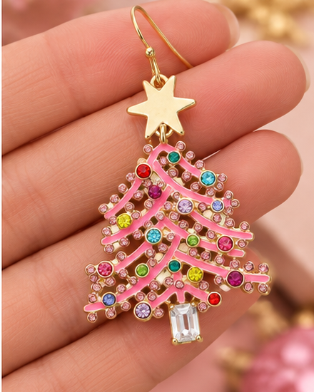 Pink Christmas Tree Rhinestone Dangle Earrings | Multicolor Sparkle