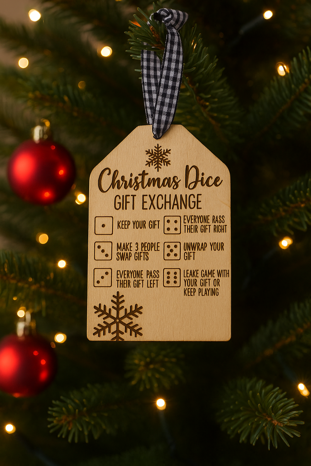 Christmas Dice gift exchange tag on a decorated tree