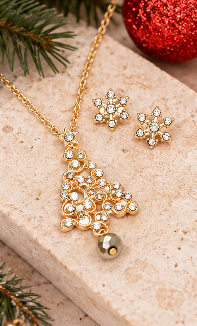 Crystal Christmas Tree Necklace & Snowflake Earring Set | Holiday Jewelry