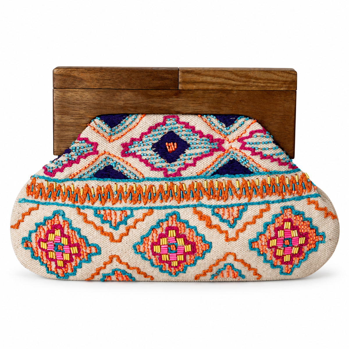 Fiesta Bloom Beaded Clutch | Wooden Handle