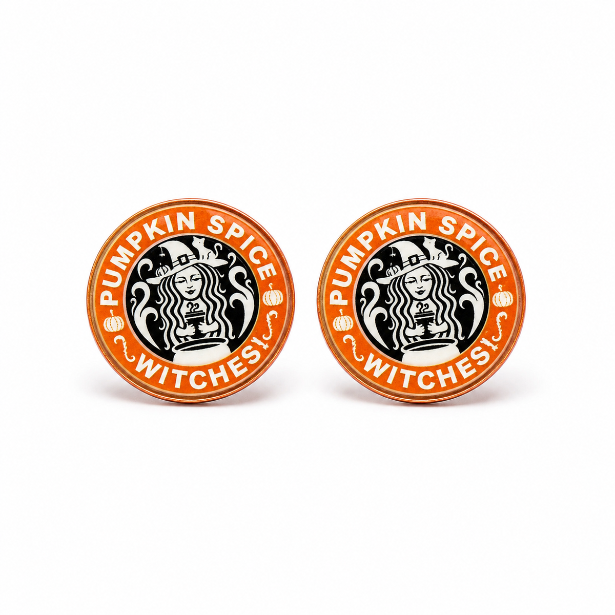 Pumpkin Spice Witches round stud earrings in orange, black and cream on a clean white background.
