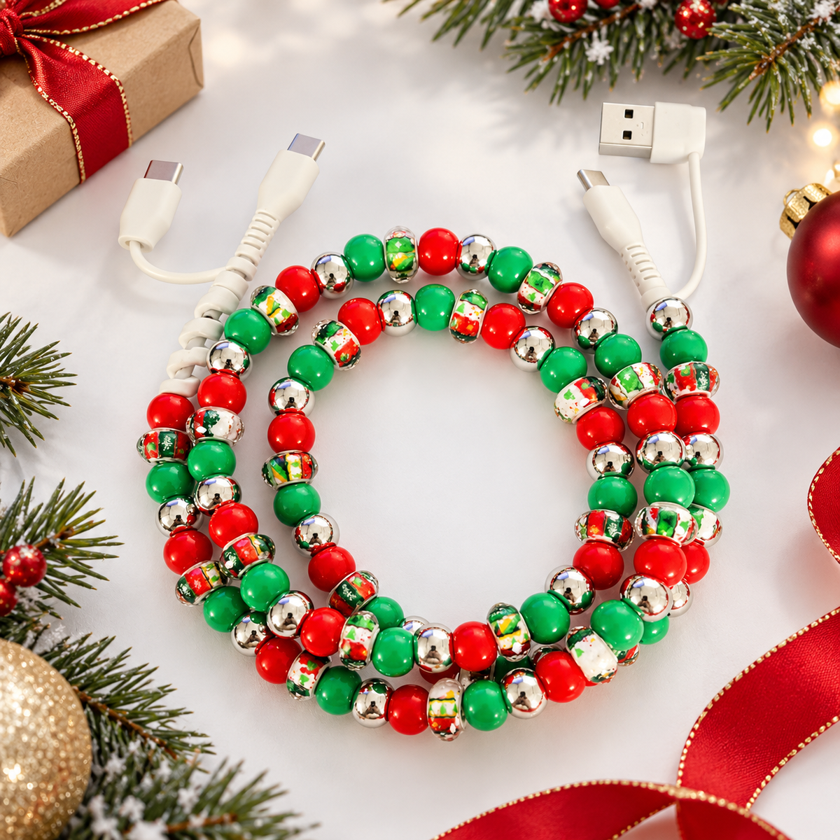 Merry & Bright Beaded 4-in-1 Fast Charging Cable – Holiday Stocking Stuffer
