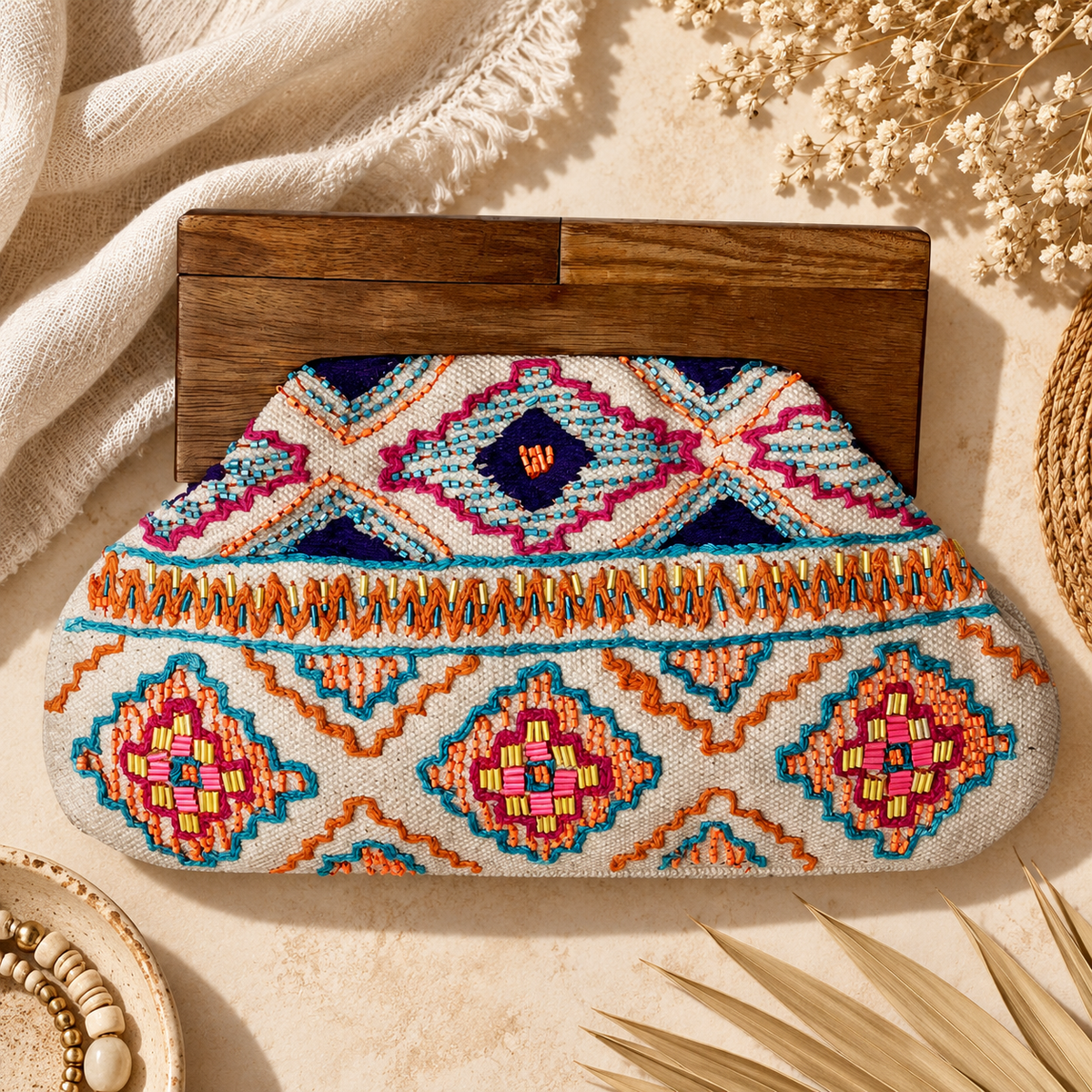 Fiesta Bloom Beaded Clutch | Wooden Handle