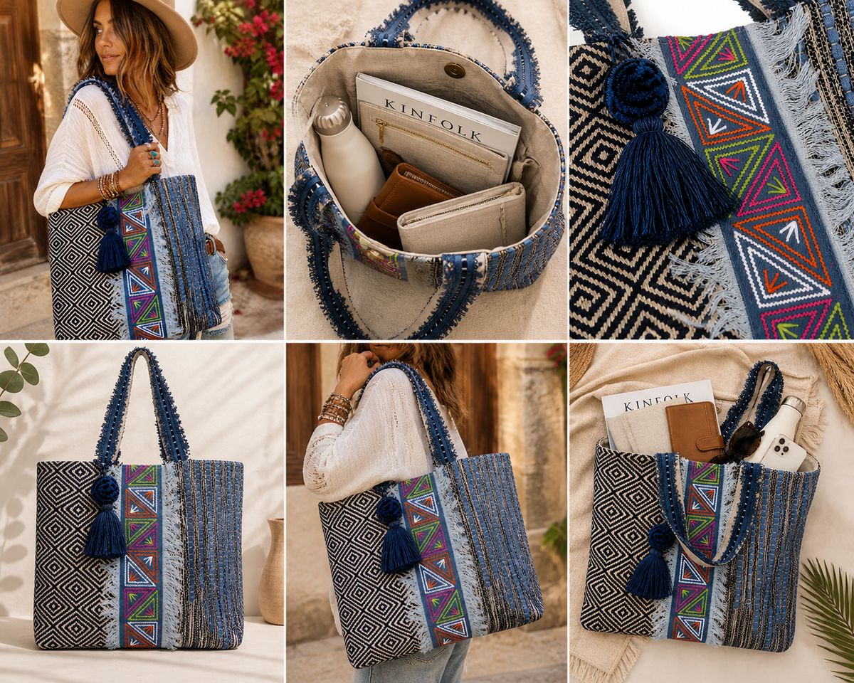 Boho Coastal Patchwork Tote – Textured Tribal Carryall
