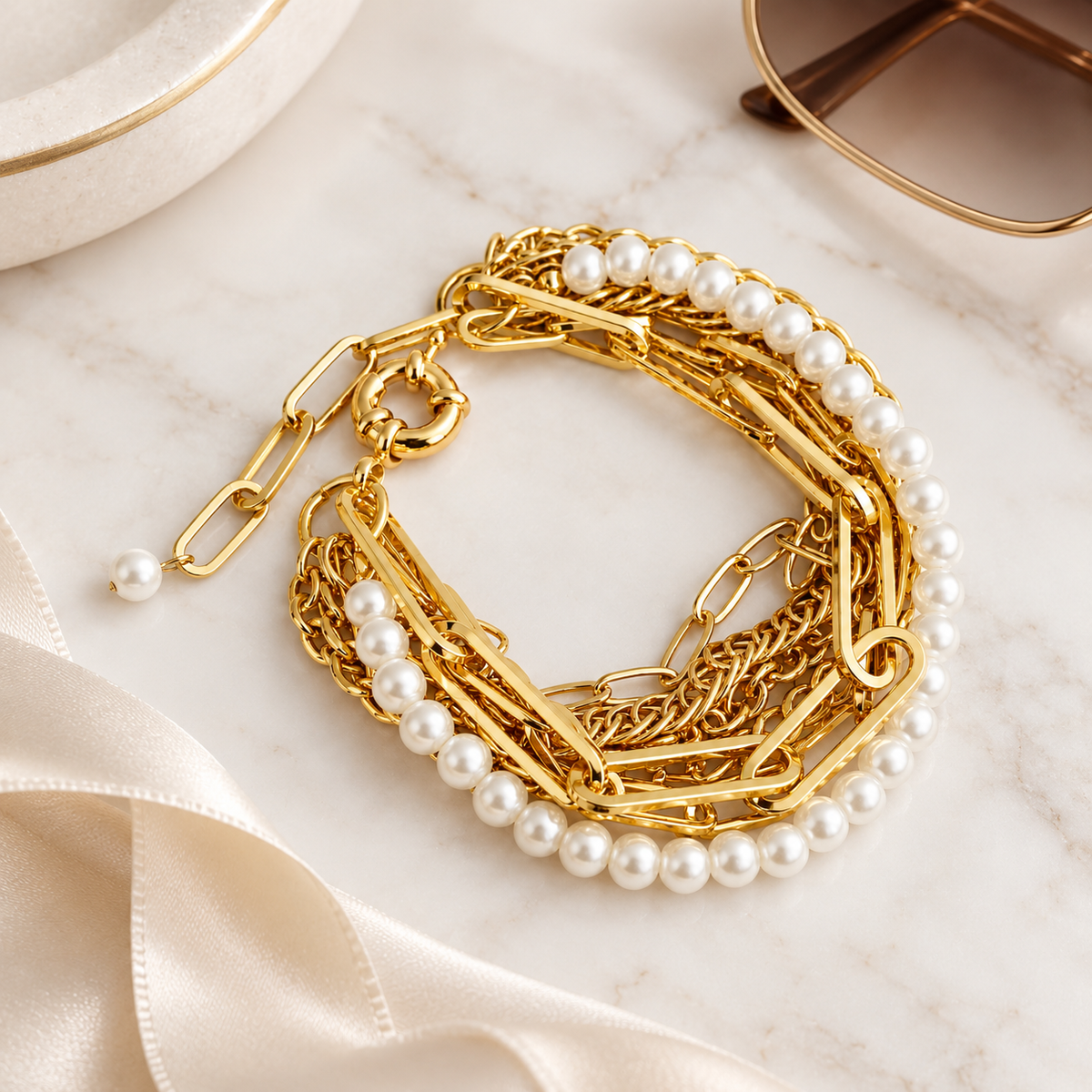 Multi Chain & Pearl Bracelet