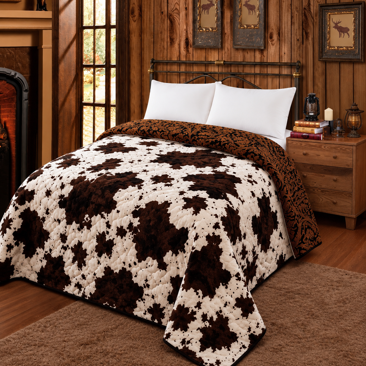 Saddlewood Reversible King Blanket | Western Floral & Cow Print