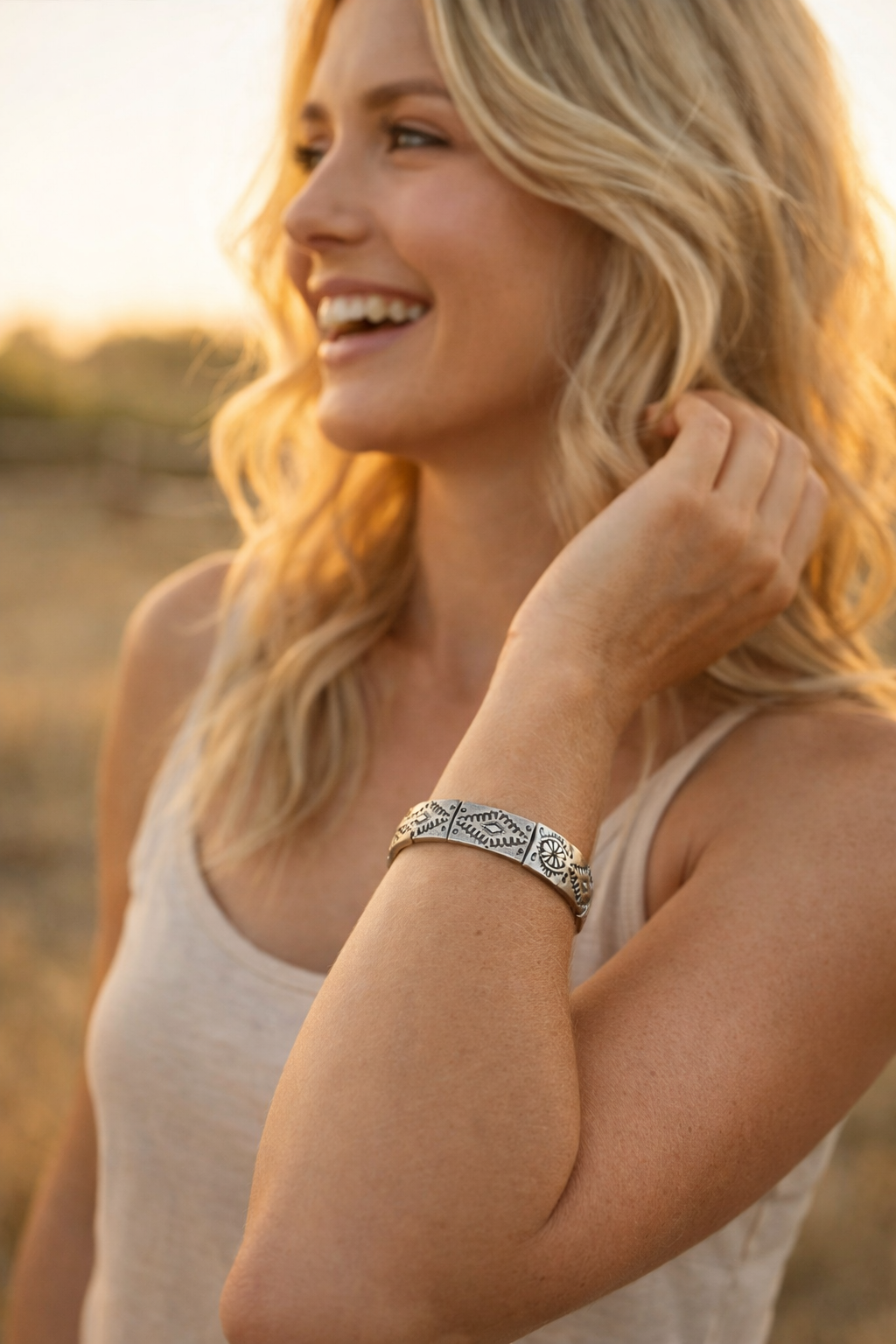 Canyon Line Stretch Bracelet Engraved Western Silver Panel Cuff