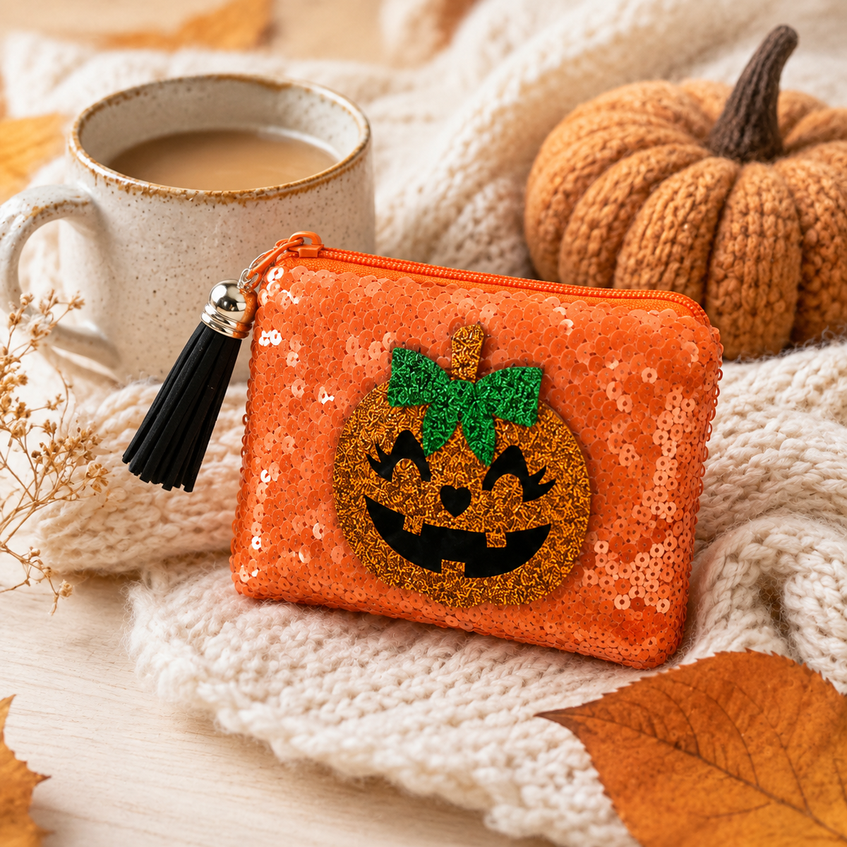Orange pumpkin sequin coin purse styled with a cozy cream knit, fall leaves and coffee.