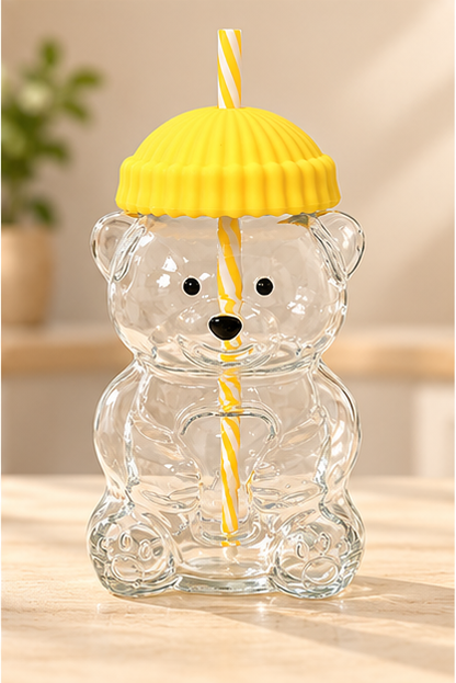Teddy Bear Glass Cup with Straw | Cute Bear Shaped Drinkware