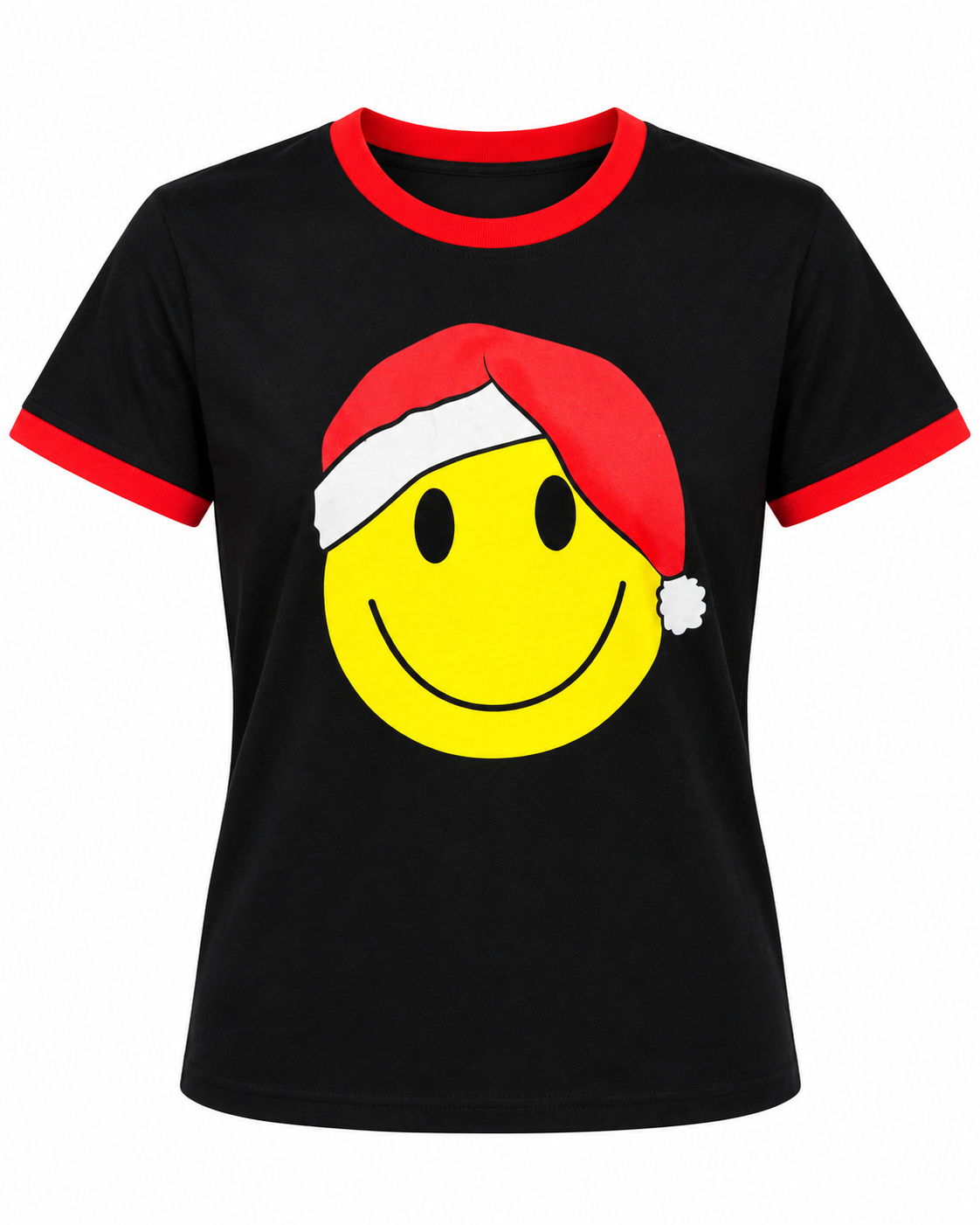 A black ringer t-shirt with red trim on the collar and sleeves, featuring a large yellow smiley face wearing a red and white Santa hat on the front.