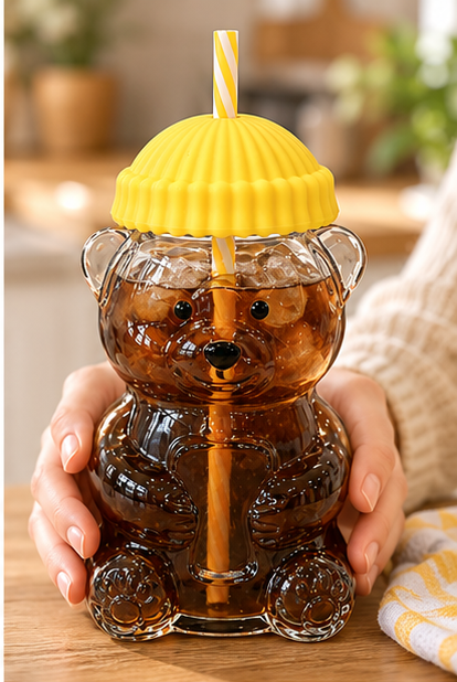 Teddy Bear Glass Cup with Straw | Cute Bear Shaped Drinkware