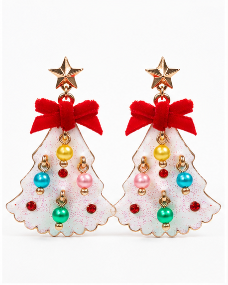 Glittered Christmas Tree Dangle Earrings with Velvet Bows | Green & White