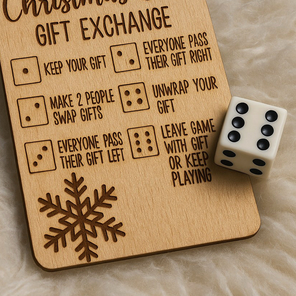 A wooden Christmas gift exchange board with engraved rules and a snowflake design, shown with a white die on a soft fabric background.