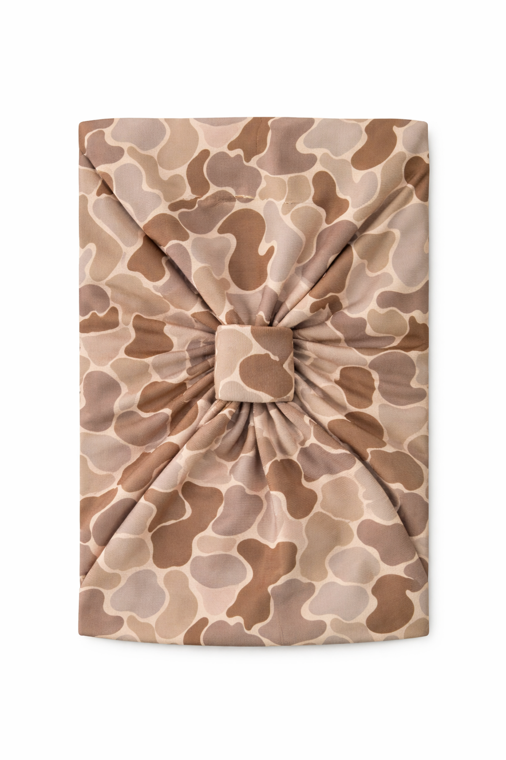 Camouflage-patterned fabric with a knot on a white background