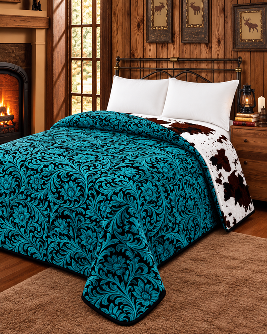 Turquoise Ranch Revival Reversible King Blanket