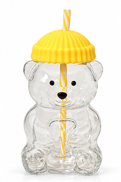 Teddy Bear Glass Cup with Straw | Cute Bear Shaped Drinkware