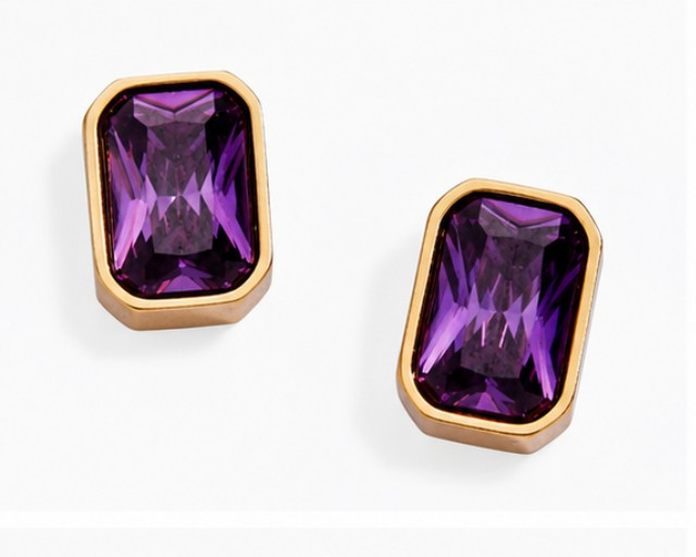 February Emerald-Cut Amethyst Glass Birthstone Stud Earrings