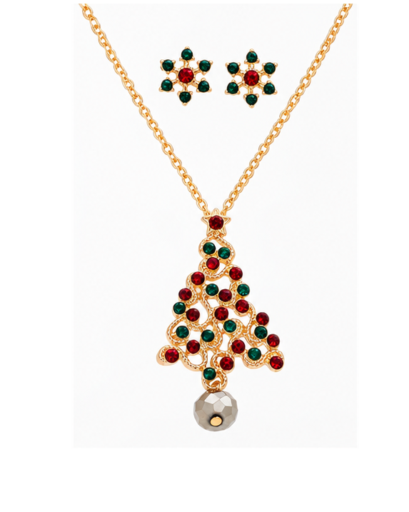 Crystal Christmas Tree Necklace & Snowflake Earring Set | Holiday Jewelry
