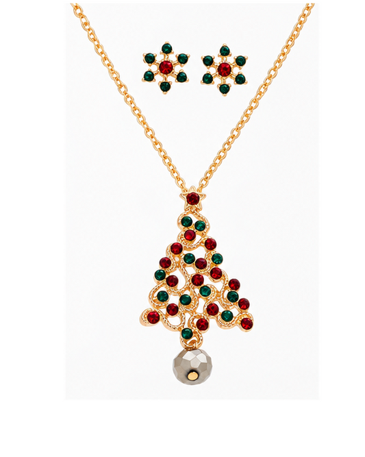 Crystal Christmas Tree Necklace & Snowflake Earring Set | Holiday Jewelry