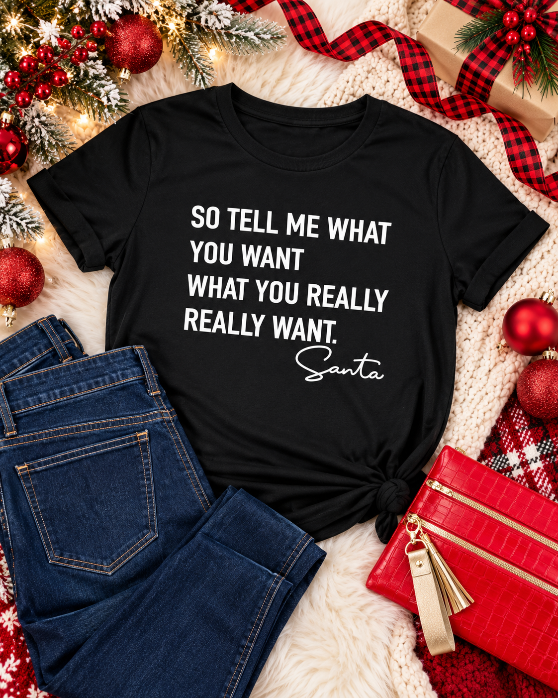 Tell Me What You Want Santa Christmas Graphic Tee